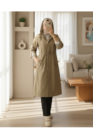 Astarı Çizgili Trençkot -Vizon