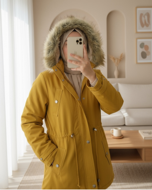 Kapşonu Çıkma Kürklü Cepli Bağcıklı Kaban -Hardal