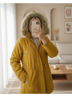 Furry Hooded Pocket Lace Up Coat -Mustard