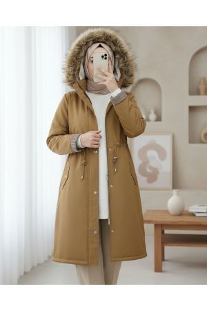 İçi Pelüş Çıkma Ķapşonlu Bondig Mont -Caramel