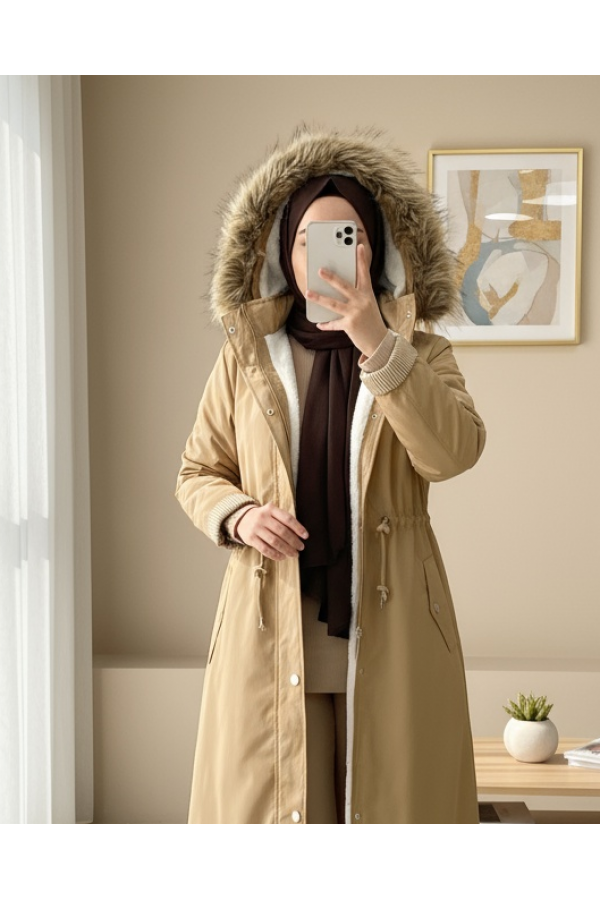 İçi Pelüş Çıkma Ķapşonlu Bondig Mont -Mink color