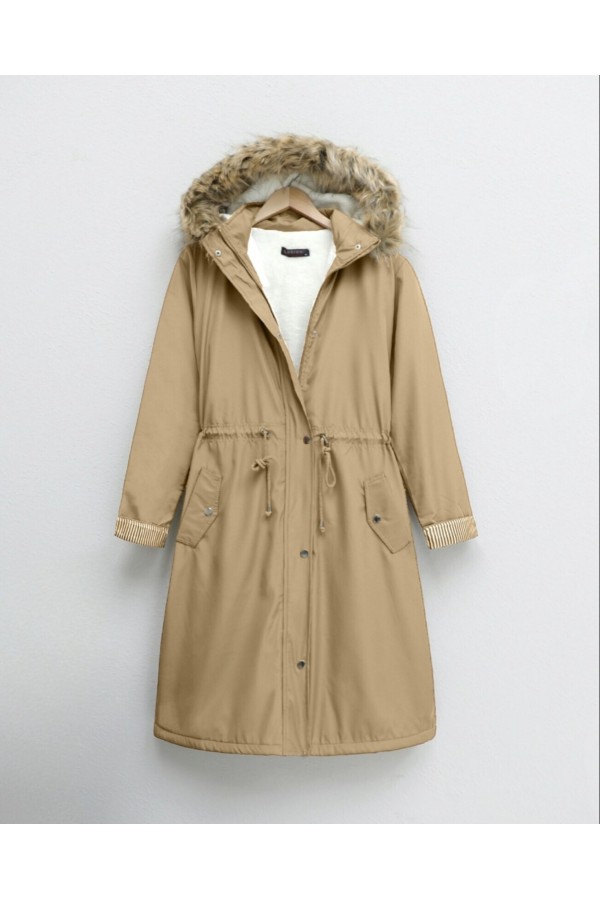 İçi Pelüş Çıkma Ķapşonlu Bondig Mont -Mink color
