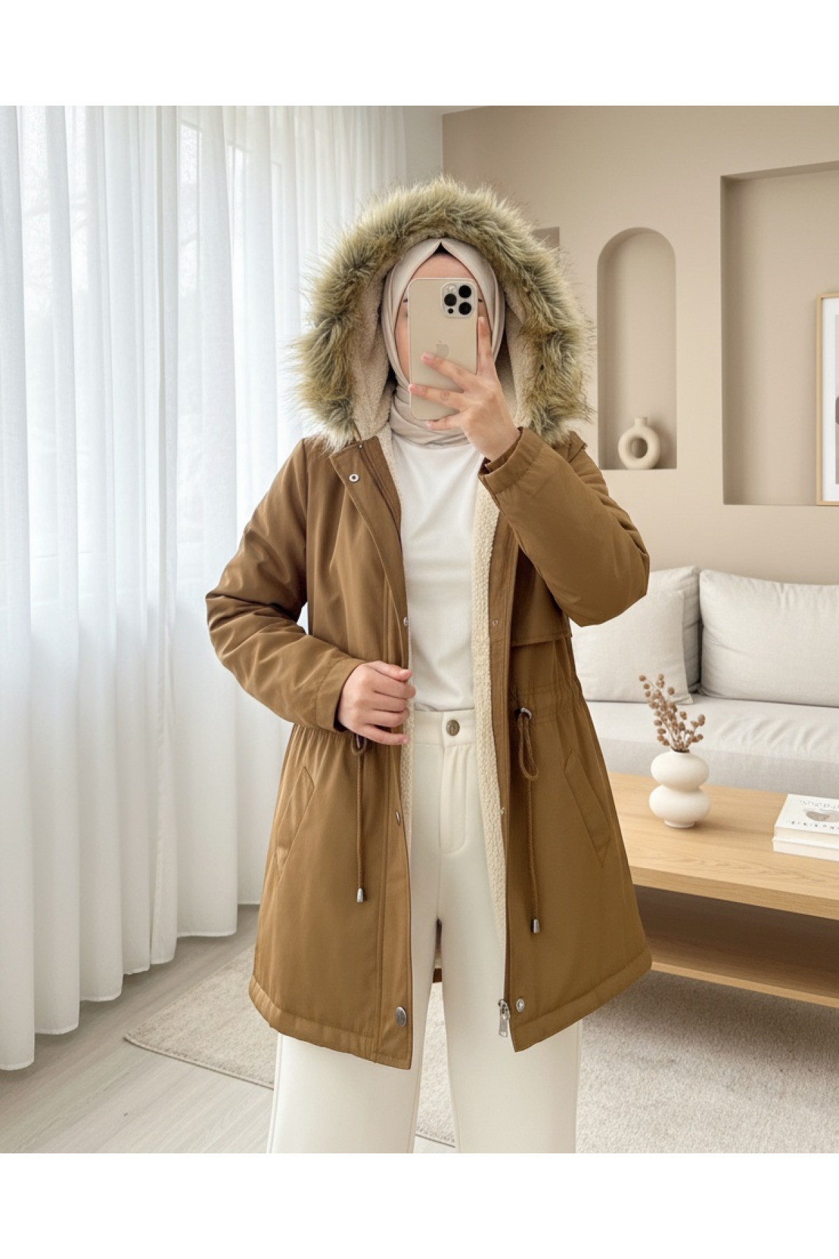 Bolero Detaylı Kürklü Kapşonlu İçi Peluşlu Mont -Taba