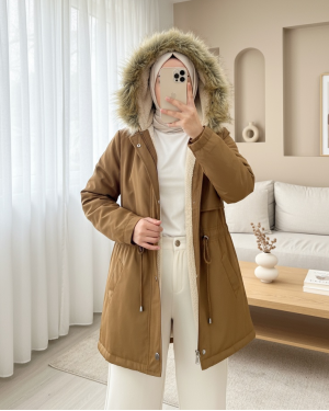 Bolero Detailed Fur Hooded Coat with Plush Inside -Snuff
