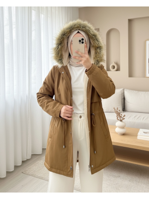 Bolero Detaylı Kürklü Kapşonlu İçi Peluşlu Mont -Taba