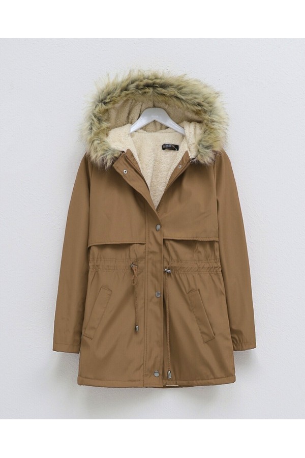 Bolero Detailed Fur Hooded Coat with Plush Inside -Snuff
