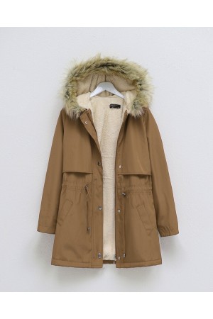 Bolero Detaylı Kürklü Kapşonlu İçi Peluşlu Mont -Taba