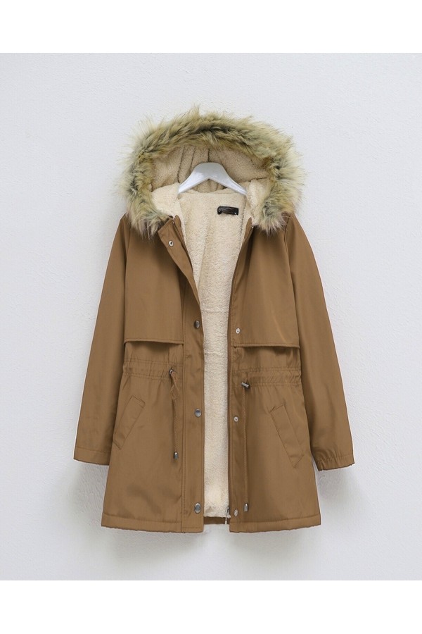 Bolero Detailed Fur Hooded Coat with Plush Inside -Snuff