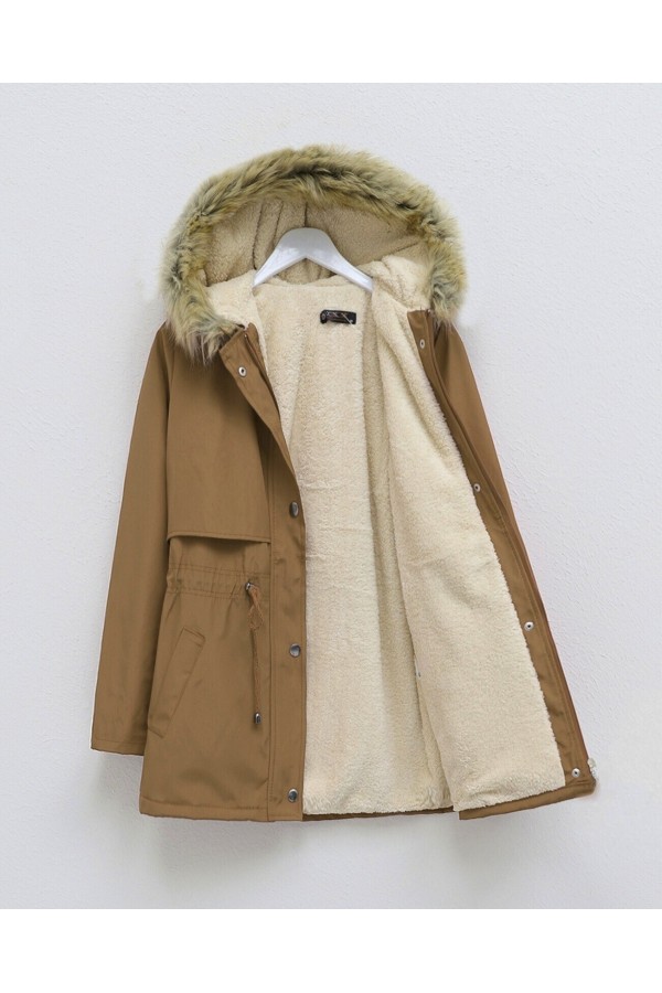Bolero Detailed Fur Hooded Coat with Plush Inside -Snuff