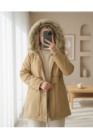 Bolero Detaylı Kürklü Kapşonlu İçi Peluşlu Mont -Vizon