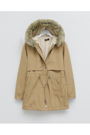 Bolero Detaylı Kürklü Kapşonlu İçi Peluşlu Mont -Vizon