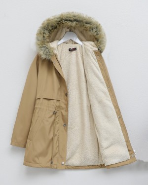 Bolero Detaylı Kürklü Kapşonlu İçi Peluşlu Mont -Vizon