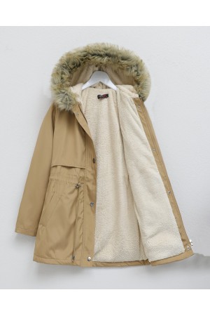Bolero Detaylı Kürklü Kapşonlu İçi Peluşlu Mont -Vizon