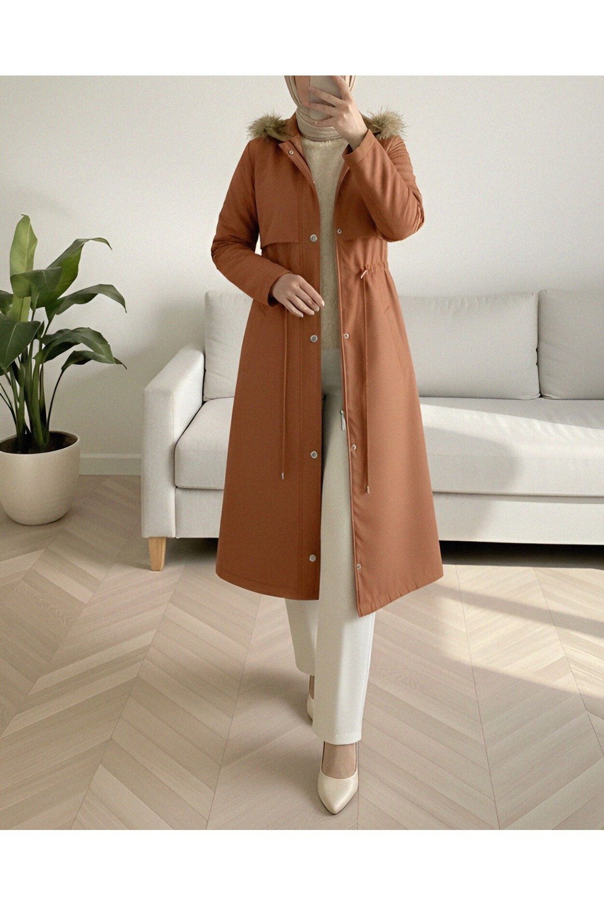 Inside Plush Fixed Hooded Tunnel Lace Long Coat  -Mustard