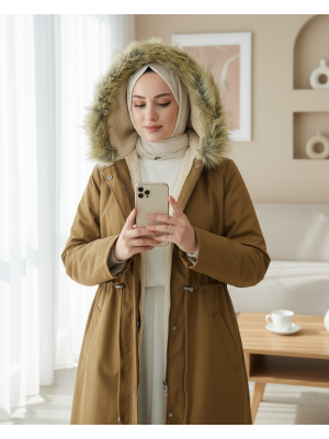 İçi Peluşlu Sabit kapşonlu Tünel Bağcıklı Uzun Mont  -Taba