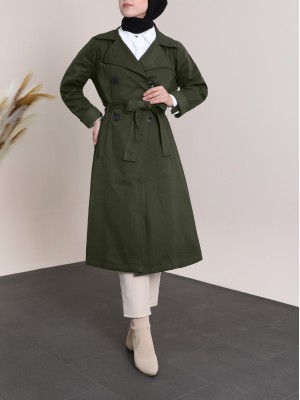 Folded Sleeve Buttoned Belted Trench Coat -Khaki