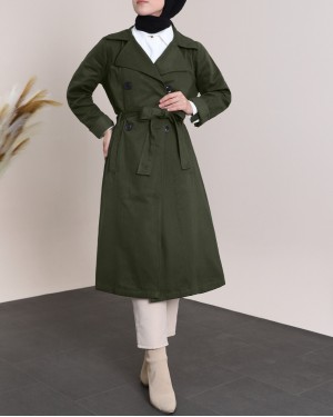 Kolu Katlamalı Düğmeli Kemerli Trençkot -Haki