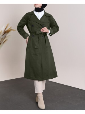 Kolu Katlamalı Düğmeli Kemerli Trençkot -Haki