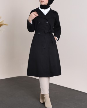 Kolu Katlamalı Düğmeli Kemerli Trençkot -Siyah