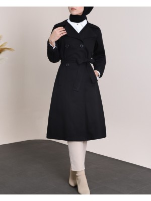 Kolu Katlamalı Düğmeli Kemerli Trençkot -Siyah