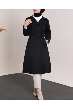 Kolu Katlamalı Düğmeli Kemerli Trençkot -Siyah