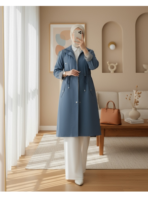 Tünel Bağcıklı Üst Cep Detaylı  Astarsız Yıkamalı Organik Koton Trenckot   -İndigo