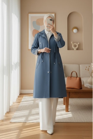 Tünel Bağcıklı Üst Cep Detaylı  Astarsız Yıkamalı Organik Koton Trenckot   -İndigo