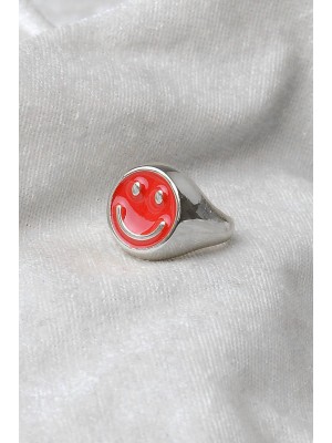 Silver Plated Red Color Adjustable Smiling Face Smile Ring 