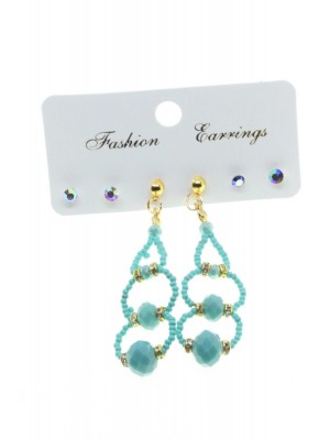 Gold Color Combined Three Round Turquoise Bead Earrings 