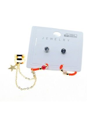 Gold Color Round Cartilage Combined Orange Bead Earrings 