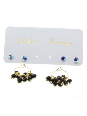 Gold Color Round Plain Combined Black Bead Earrings 