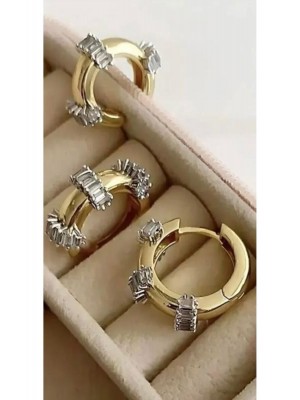 Gold Color Mers Baguette Stone Hoop Earrings Steel Earrings 