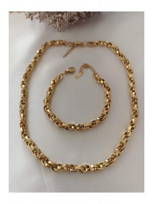 Gold Color Steel Interlocking Rope Unisex Tarnish Resistant Necklace and Bracelet Steel Set 