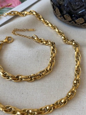 Gold Color Steel Interlocking Rope Unisex Tarnish Resistant Necklace and Bracelet Steel Set 