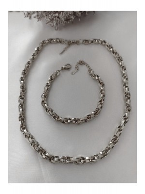 Silver Color Steel Interlocking Rope Unisex Tarnish Resistant Necklace and Bracelet Steel Set 