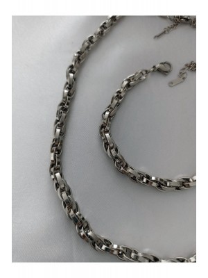 Silver Color Steel Interlocking Rope Unisex Tarnish Resistant Necklace and Bracelet Steel Set 