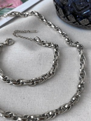 Silver Color Steel Interlocking Rope Unisex Tarnish Resistant Necklace and Bracelet Steel Set 