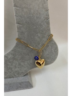 Gold Color Heart Evil Eye Paperclip Chain Steel Anklet 