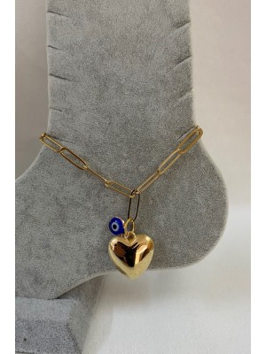 Gold Color Heart Evil Eye Paperclip Chain Steel Anklet 
