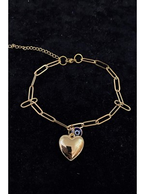 Gold Color Heart Evil Eye Paperclip Chain Steel Anklet 