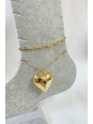 Gold Color Heart Model Crush and Ball Chain Steel Anklet 