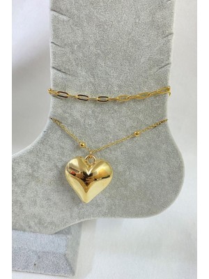 Gold Color Heart Model Crush and Ball Chain Steel Anklet 