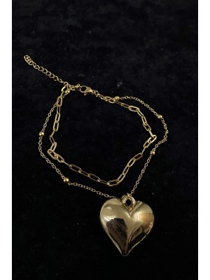 Gold Color Heart Model Crush and Ball Chain Steel Anklet 