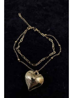Gold Color Heart Model Crush and Ball Chain Steel Anklet 