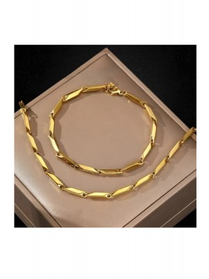 Gold Color Tarnish Resistant Titanium Melon Chain Unisex Tarnish Resistant Necklace and Bracelet Steel Set 