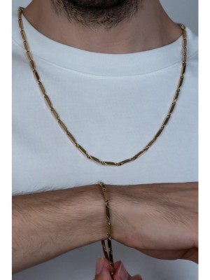 Gold Color Tarnish Resistant Titanium Melon Chain Unisex Tarnish Resistant Necklace and Bracelet Steel Set 