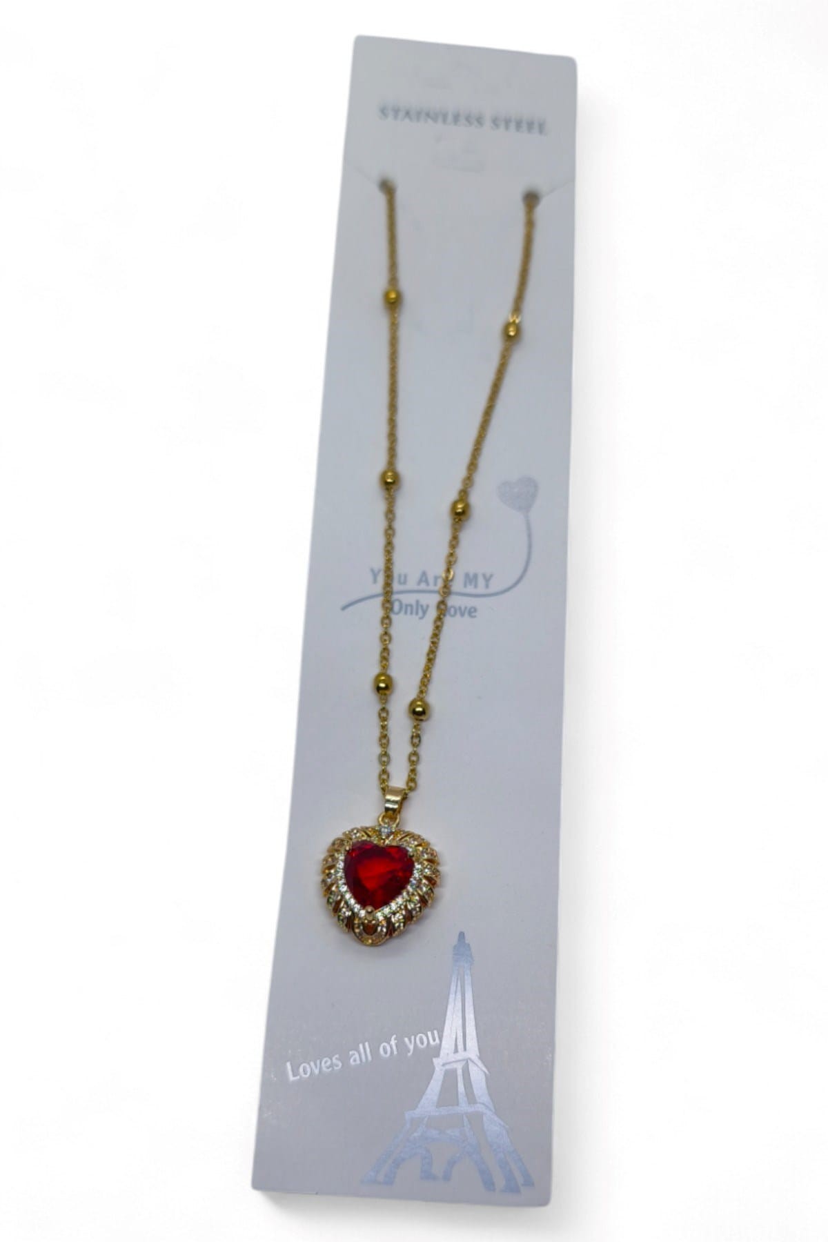 Gold Color Red Heart Model Ball Chain Steel Necklace 