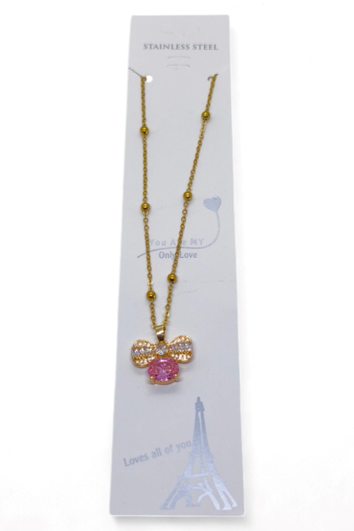 Gold Color Pink Bow Model Ball Chain Steel Necklace 