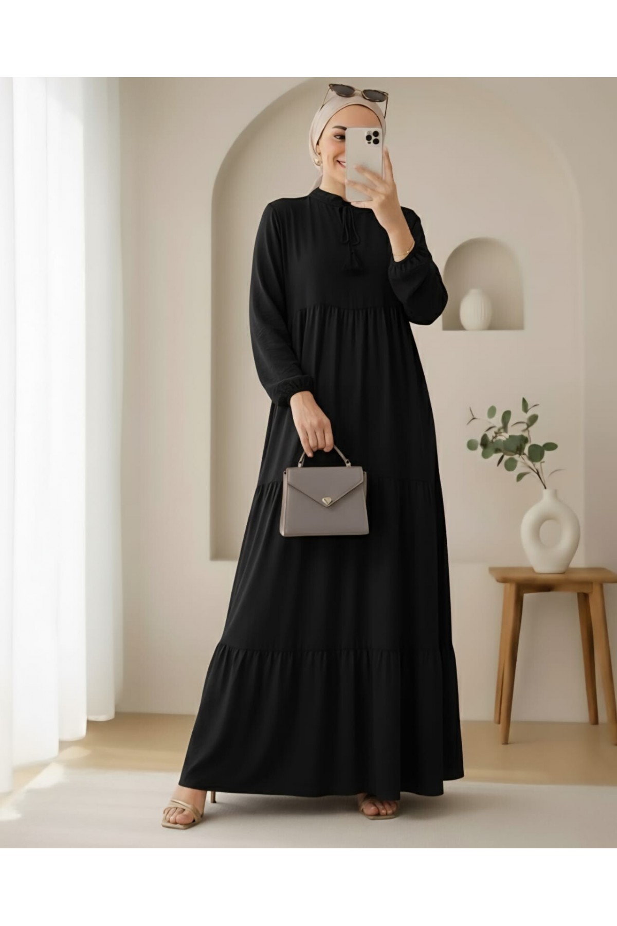 1627 Collar Lace Hijab Dress -Black
