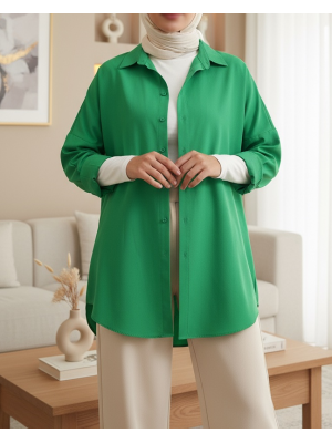 3900 Oversize Uzun Basic Gömlek - Yeşil
